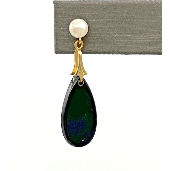 Vintage 14k Yellow Gold Pearl Onyx Dangle Pierced Earrings 1 3/8" - Picture 3 of 8